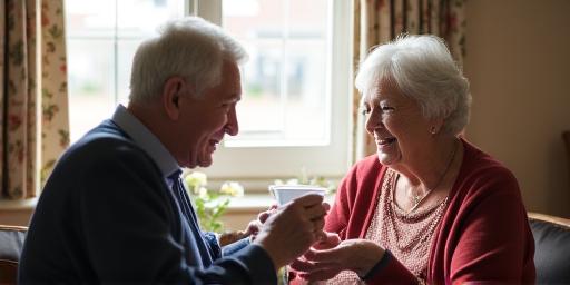 Friendly volunteer visiting elderly person at home in Dublin for companionship support